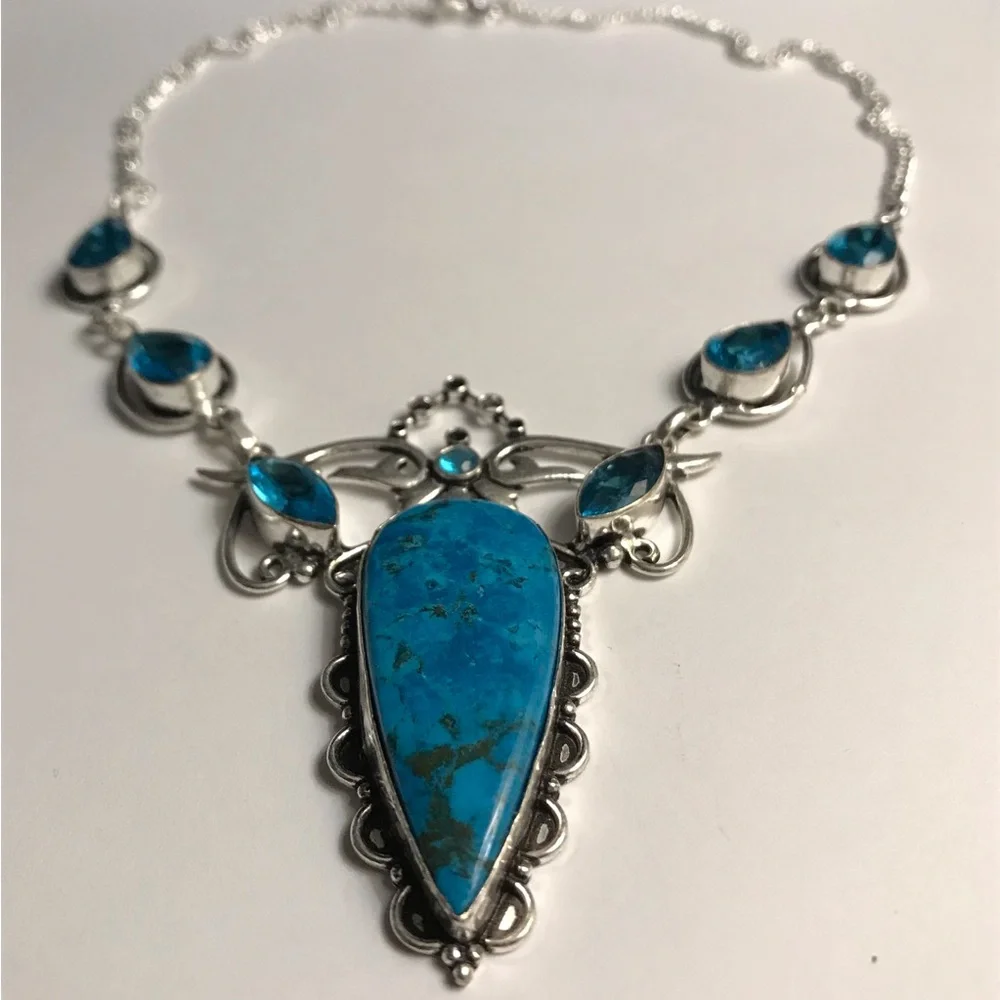 Turquoise Blue Topaz Stamped 925 Sterling Silver Necklace